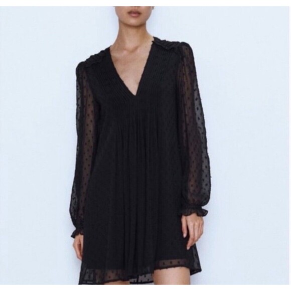 Zara Dresses & Skirts - Zara Pleated Black Swiss Dot Sheer Mini Dress, Size Large